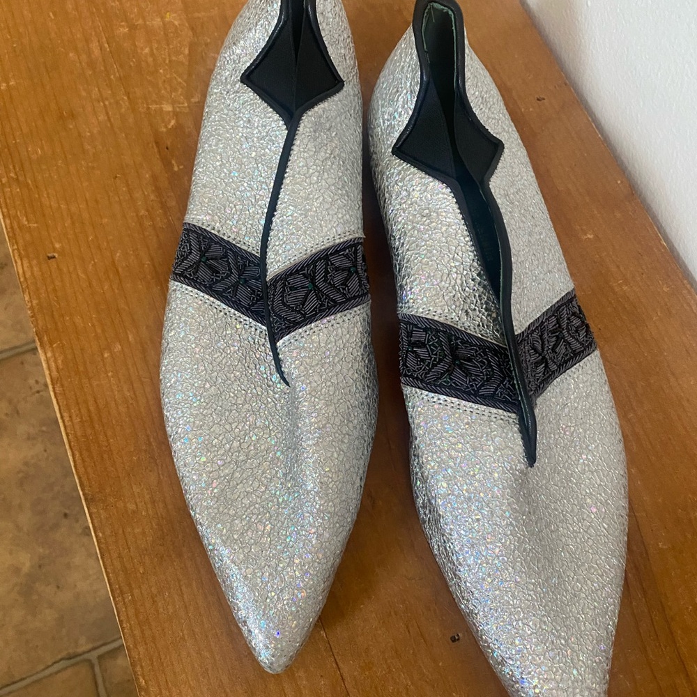 Meher Kakalia pointed toe Silver Flats with Black Detail